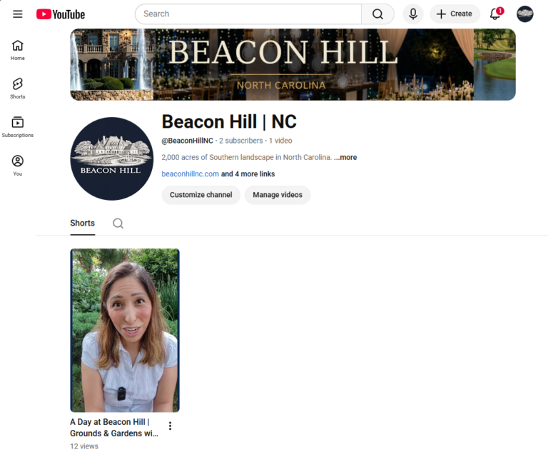 Beacon Hill official website homepage announcing the launch of the estate’s YouTube channel in North Carolina